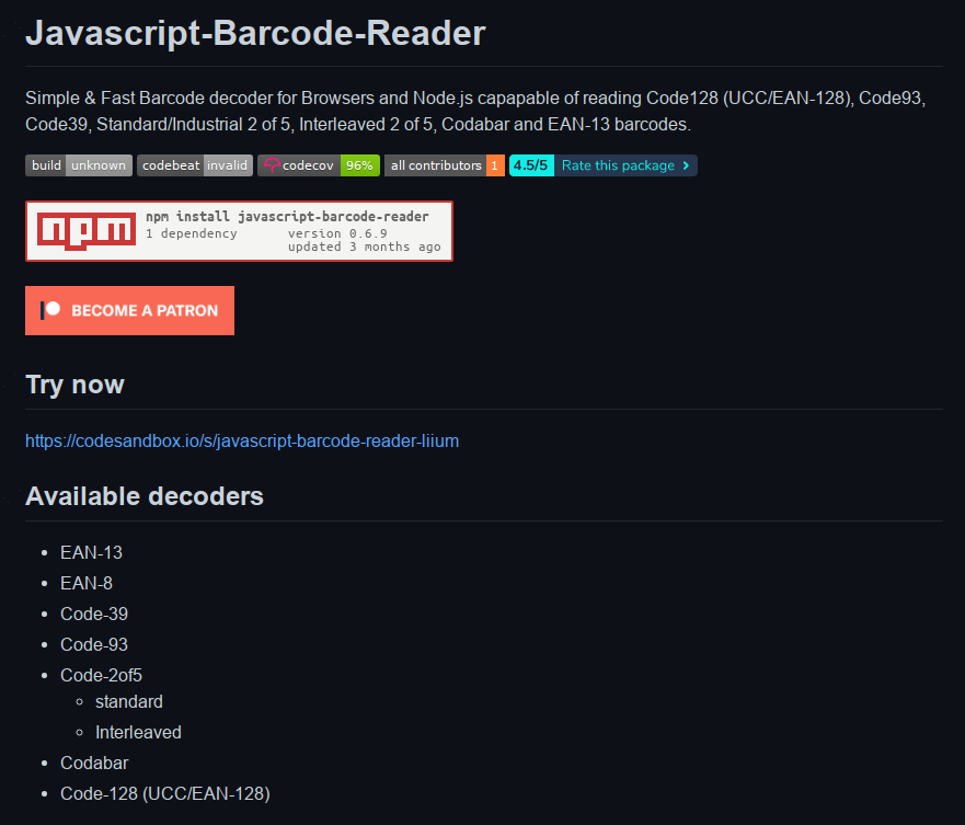 Javascript Barcode Reader: Simple & Fast Barcode decoder for Browsers and Node.js